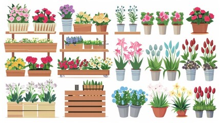 Isolated flower shop design set on white background showing wooden shelves and crates, vases filled with lilies, pot plants with bushes, and bundles of color roses.