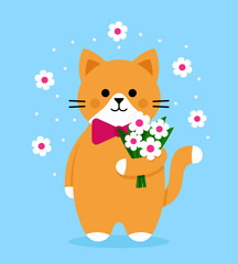 Cute red cat stands in a bow, holding a bouquet