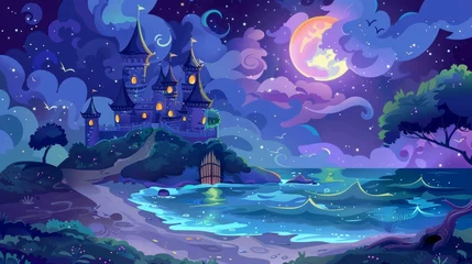 Photo sur Plexiglas Bleu foncé Modern illustration of a fairytale castle on a hill above a stormy night sea. The castle includes two towers, a wooden gate, a moon glowing in the sky, birds flying in the stars and a tree by the