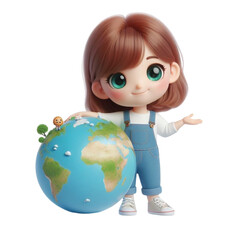 Child holding globe earth day cartoon 3d render illustration