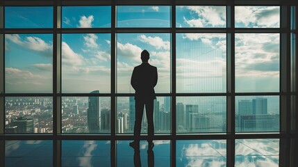 Businessman stands in office, watches downtown from big window, cinematic daylight, stock photo, Ai Generated.