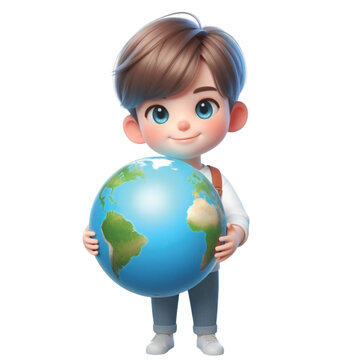 Child holding globe earth day cartoon 3d render illustration