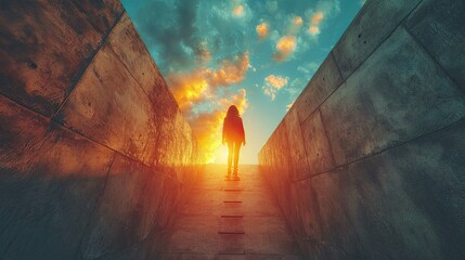 In a worm is eye view, a businesswoman climbs a high ladder against a concrete wall under the sky is radiant sunshine, wide angle stock photo.