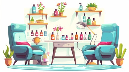 Nail salon interior elements isolated on white background. Modern cartoon illustration of a manicure led lamp, polish bottles on a desk, comfortable armchairs, jars of hand cream on a shelf, and