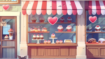 A shop window template with sweet desserts and red romantic hearts for mobile user interface design. Cartoon modern illustration set of an empty store wooden cabinet with shelves and canopy.
