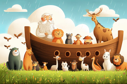 Noah ark with animals before the floor, colorful simple cute childish cartoon illustration of the Biblical flood story