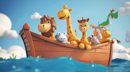 Obraz premium Noah's ark with animals during the floor, colorful cute childish cartoon 3d illustration of the Biblical flood story