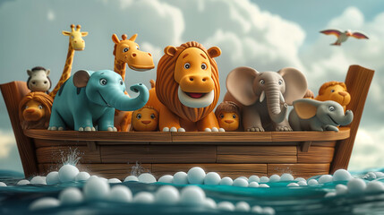 Noah's ark with animals during the floor, colorful cute childish cartoon 3d illustration of the Biblical flood story