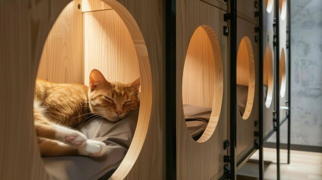 Generative AI, cute happy cat on cozy bed in specialized pet hotel
