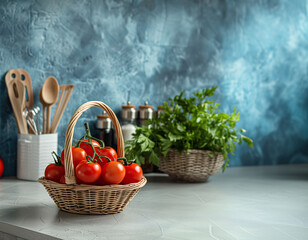 Plantbased tomatoes in a basket on kitchen counter