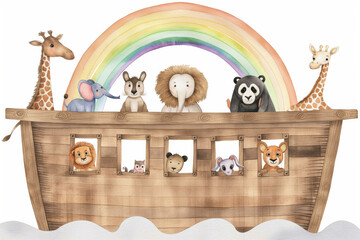 Noah ark with the animals during the floor, colorful simple cute childish watercolor cartoon illustration of the Biblical flood story, isolated on white