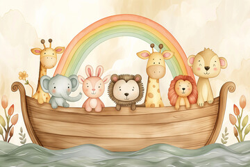 Noah ark with the animals during the floor, colorful simple cute childish watercolor cartoon illustration of the Biblical flood story, isolated on white