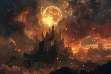 Fantasy illustration of a celestial event over an ancient castle - obrazy, fototapety, plakaty