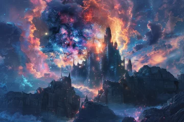 Poster Paysage fantastique Fantasy illustration of a celestial event over an ancient castle