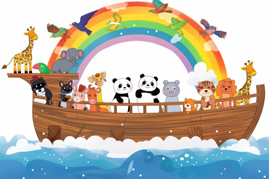 Noah ark with the animals during the floor, colorful simple cute childish watercolor cartoon illustration of the Biblical flood story, isolated on white