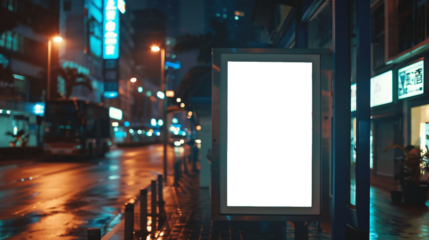 Blank white vertical digital billboard poster on city street bus stop, Generative AI.