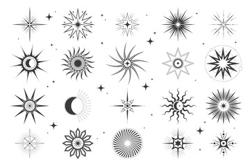 Set of star icons. Vector sun and moon sign or sky element. Cartoon flash or spark, starburst and radial firework geometric collection. Decorative light or twinkle glare. Magic explosion effect