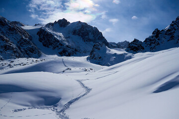 Landscape in Trans-Ili Alatau on a winter day. 
Trans-Ili Alatau is a part of the Northern Tian Shan mountain system. Kazakhstan.  Almaty.
