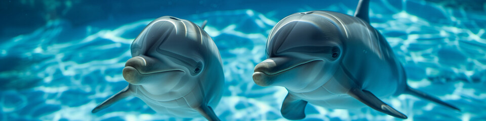 Two dolphins gracefully swim in a pool of water, their sleek bodies cutting through the clear blue surface. Dolphinarium concept.