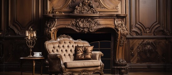A vintage brown beige armchair with a pillow is positioned next to a table in front of a fireplace...