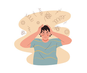 Man suffers from headache caused by overabundance of information, clutching head in attempt to drown out pain. Student guy, tired from studying at university, feels pain in neck and needs rest