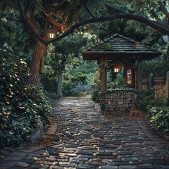 Fototapeta premium Cobblestone path leading to a digital kiosk