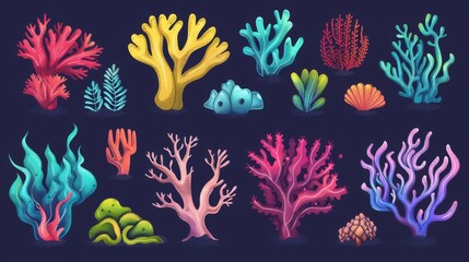 Modern illustration set with different underwater ocean plants and corals. Marine or aquarium bottom tropical bright creatures. exotic undersea flora elements. - obrazy, fototapety, plakaty