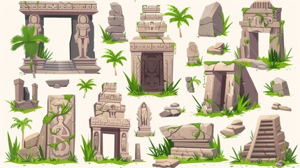 The ruins of old lost civilizations with their buildings and statues. Cartoon modern illustration set of ancient stone temple in the jungle with green grass. Destroyed abandoned structures and - obrazy, fototapety, plakaty