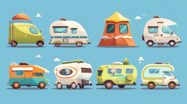 Summertime camper van for family vacations in the mountains. Cartoon modern illustration set of cute caravan vehicle with tent. Camper trailer for RV travel and adventure.