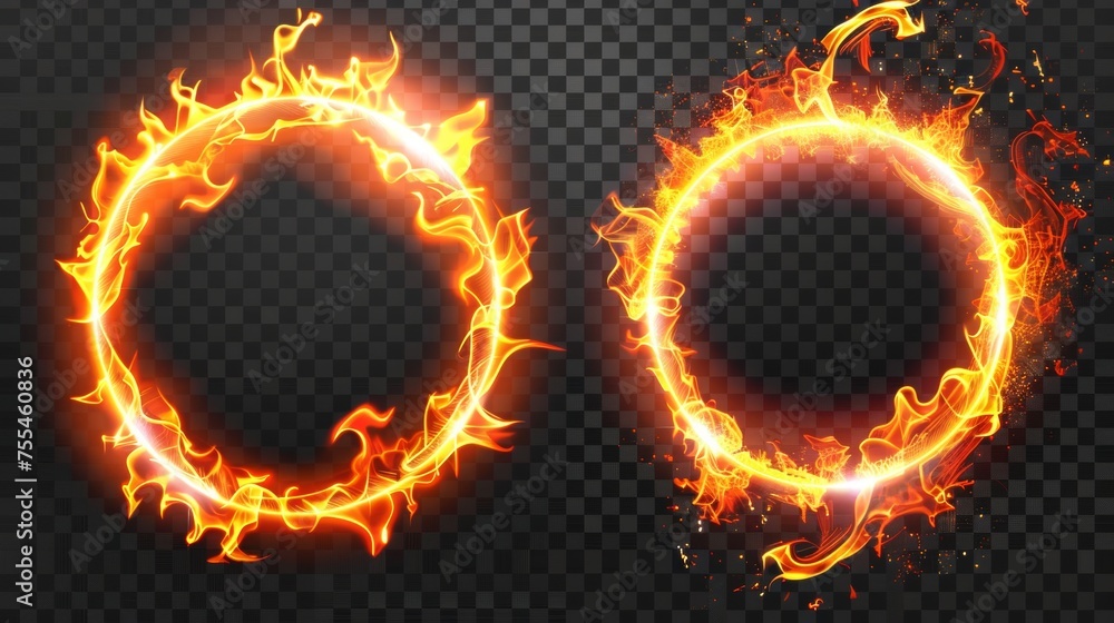 Poster set of fire frames isolated on transparent background. modern realistic illustration of circle and r