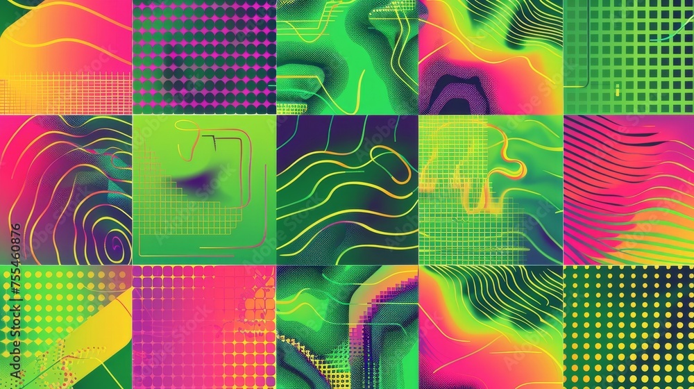 Poster retro y2k poster template with simple abstract geometric grid elements, fluid patterns, typography a