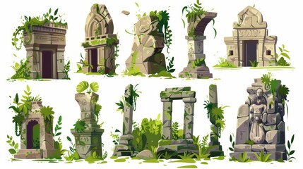 Ancient ruin of old lost civilization buildings and statues. Cartoon modern illustration set of stone temples, liana vines, and grass in the jungle. Destroyed abandoned architecture and monuments... - obrazy, fototapety, plakaty