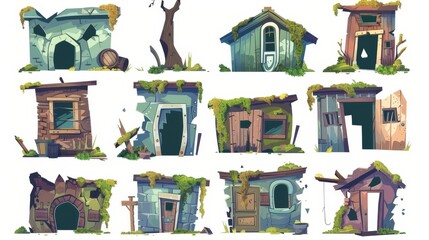 Buildings with broken windows and doors, cracked dirty walls with moss, and damaged roofs. Cartoon modern set of ruined city homes.