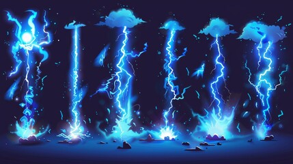 This cartoon illustration set of blue thunderbolt with flash and energy splash is perfect for game user interface design. This lightning strike hit the ground or floor with a burst of VFS, light