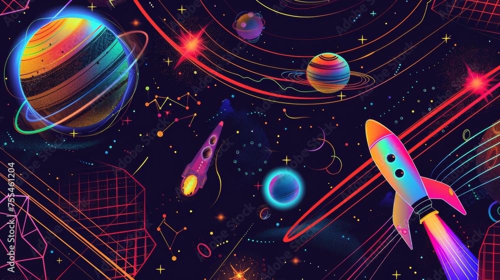 Poster with bright neon colors background and 3d mesh grid elements of outer cosmos rockets, spaceships, sa