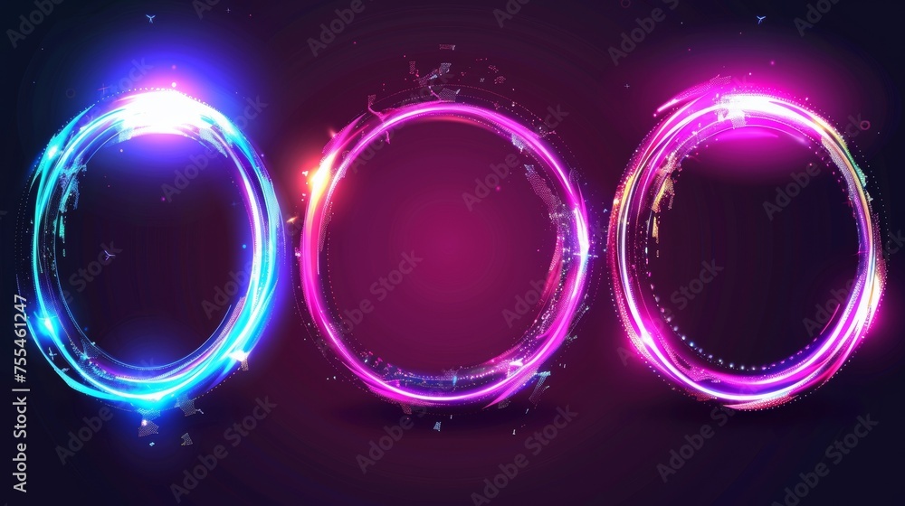 Poster abstract geometric holographic border with neon circle frame effect. modern illustration set of retr