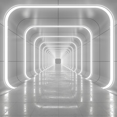 White background 3D room light abstract space technology tunnel stage floor. Empty white future 3D neon background studio futuristic corridor render modern ai technology