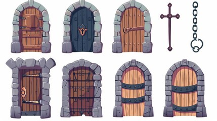 Detailed illustration of a medieval dungeon wooden door, locked with a metallic chain. A cartoon illustration of a medieval dungeon wooden door with a stone brick doorway and iron handles. - obrazy, fototapety, plakaty
