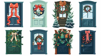 The door of the home decorated with a traditional Christmas wreath made of green branches with berries, ribbon with bows and bells covered with snow. Cartoon modern set of a winter xmas house