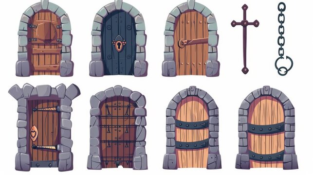 Detailed illustration of a medieval dungeon wooden door, locked with a metallic chain. A cartoon illustration of a medieval dungeon wooden door with a stone brick doorway and iron handles.