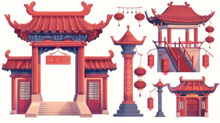 Chinese temple door with roof, stairs, and lanterns. Cartoon modern illustration set of oriental building arch gate. Asian pavilion antique entrance with classic decoration.