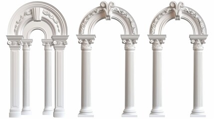 Roman arch made out of white clay with decorative ornate decoration. Realistic 3D modern illustration set of greek stone pillar of temple building door or window decor. Each archway is decorated with