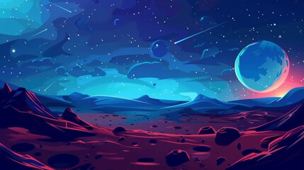 Object scenery for exploration concept of alien planet with craters on dark blue cosmos sky with space bodies. Cartoon modern illustration of cosmic landscape.