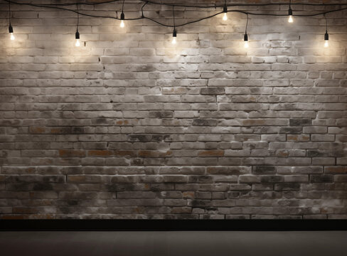 Fototapeta Urban Charm, Grey Brick Wall adorned with Industrial Lights, Embracing Loft-style Elegance and Contemporary Design Flair
