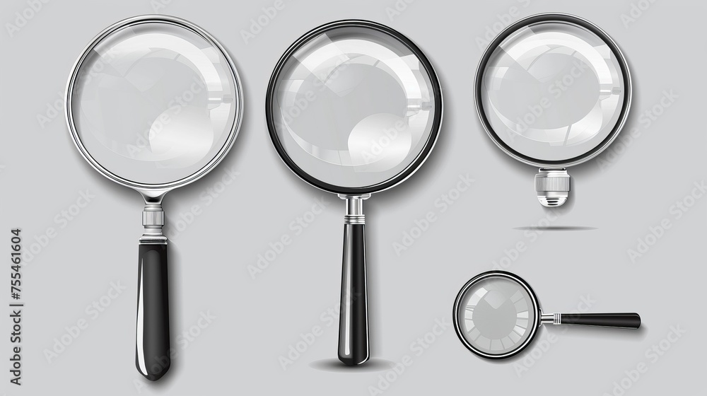 Poster a realistic modern set of metal loupes with a plastic handle and a transparent enlarge lens to magni