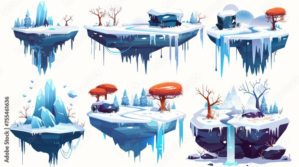 Aufkleber the floating land islands on the map of the game level are created with a modern illustration of roc
