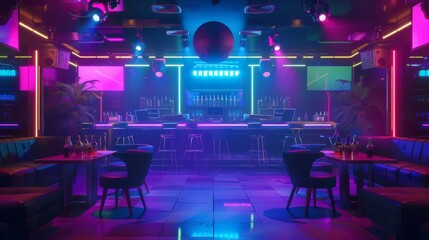 Interior of a nightclub with a DJ stand, loudspeakers, a dance floor, glass-topped tables with bottles of cocktails, chairs and sofas for visitors, a disco bar ball on the ceiling, and neon glow