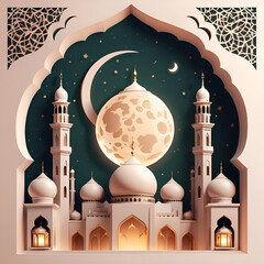 Eid background paper art islamc mosque background with moon dark color generative eid image

