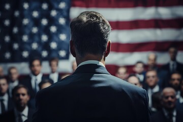 Back view of male presidential candidate on at the meeting with people. USA election concept - obrazy, fototapety, plakaty