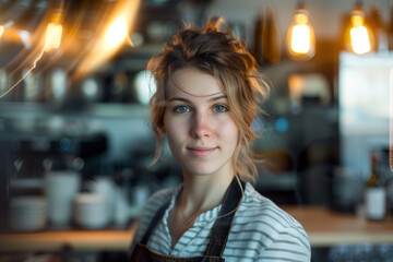 Portrait of a waitress, blurred lights of restaurant bar in the background. Long exposure, bokeh. Created with Generative AI technology.